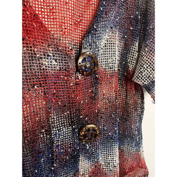 Katie Todd Women's Knit Cardigan Red White Blue Button Front Artsy Lagenlook M - Picture 4 of 6